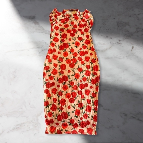 Boohoo Floral Print Frill Shoulder Midi Dress In White/Red Size 12 - Picture 5 of 8